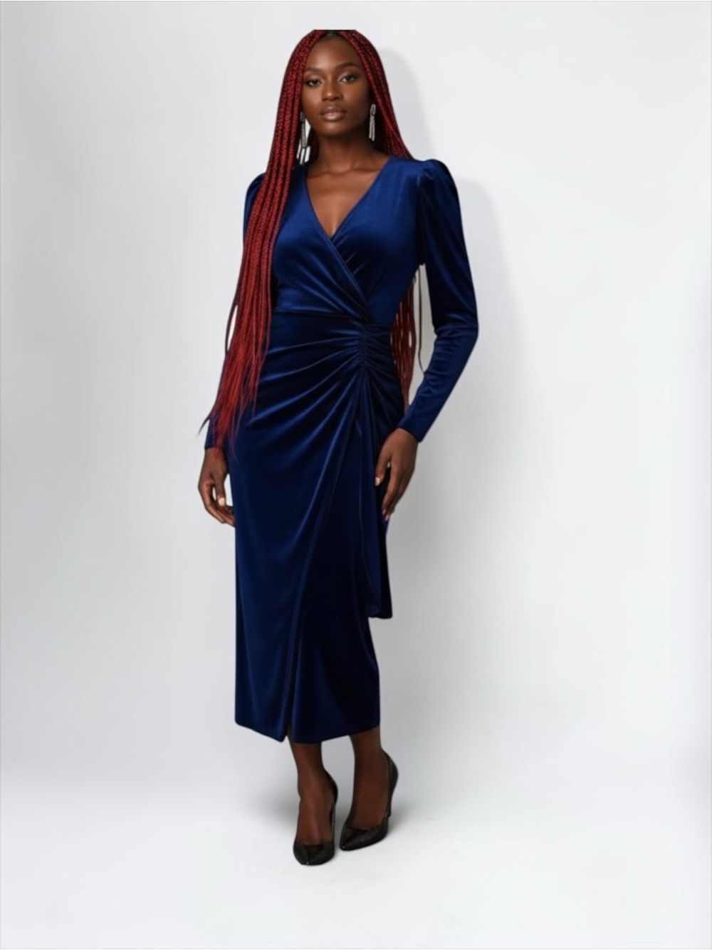 Elegant Navy Surplice Velvet Wrap Dress